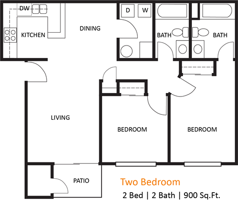 A floor plan of a two bedroom apartment with a living room, dining room, kitchen, two bathrooms, and a patio.